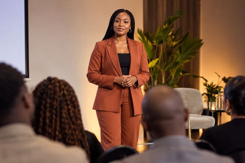 A confident speaker making eye contact with an audience