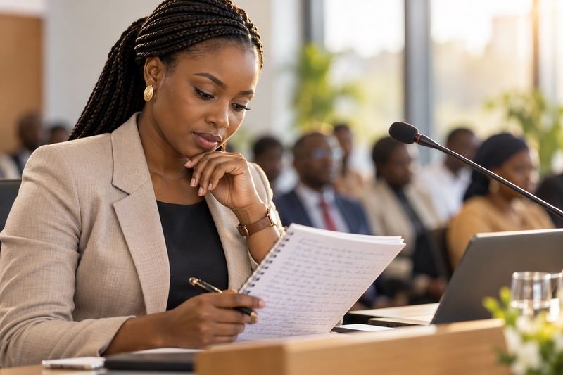 A speaker reviewing notes before a presentation