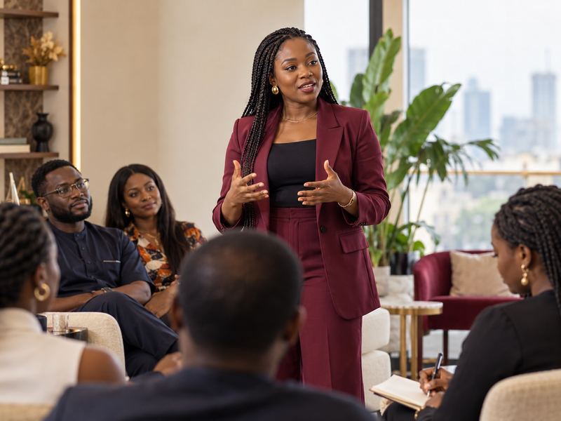 A Nigerian speaker leading a small public-speaking session