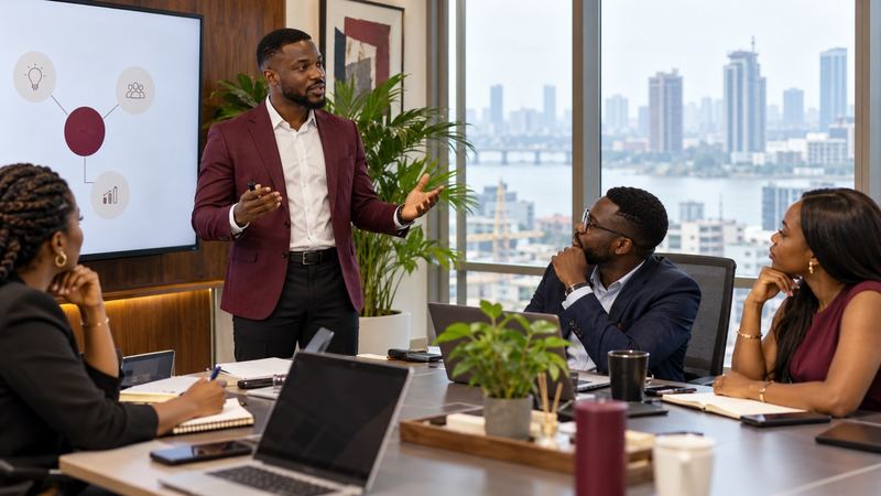 A professional presenting an idea to colleagues
