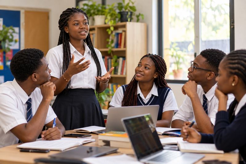 Young Nigerian students sharing ideas in a group